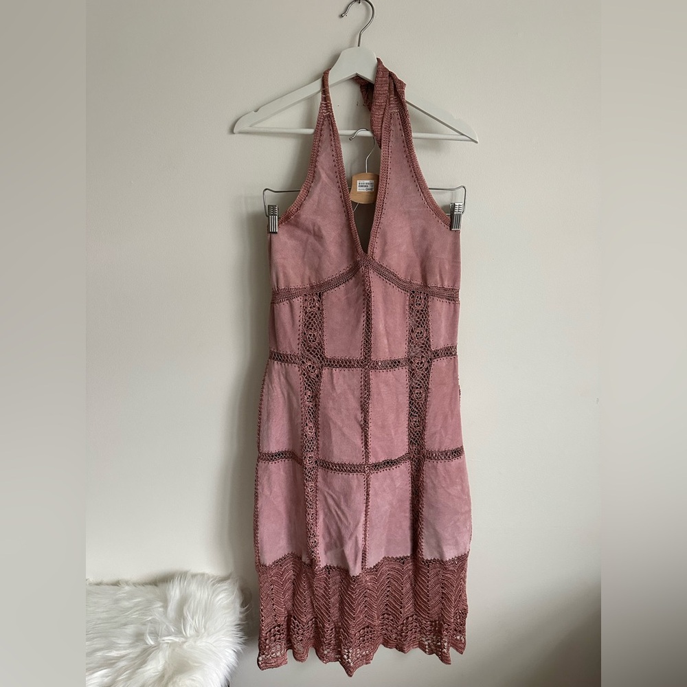 Danier Pink Suede Halter Dress with Crochet Lace Details